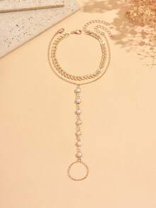 2pcs/Set Minimalist Classic Gold Airplane Chain Faux Pearl Decor Toe Ring, Fashionable Double-Layer Anklet, Suitable For Daily Wear, Beach, And Outdoor Activities - Multicolor - View 2
