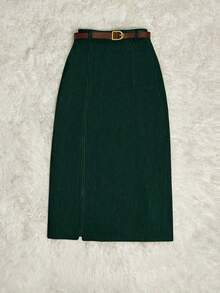 XH24 Women's Corduroy Skirt With Pockets And Slit, With Belt, In Khaki And Leopard Print - 綠色 - 查看 5