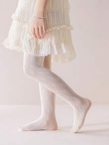 1pc Girls/Toddlers/Kids Beige Princess Style Hollow Mesh Stockings, Adorned With Cute Heart Pattern On Side, Lightweight Breathable Versatile Leggings, Comfortable & Durable, Suitable For /Dance Performance/Holiday Gift/Vacation - Beige - View 4