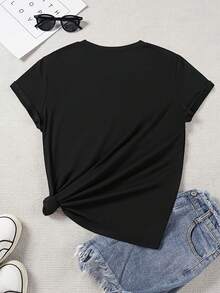 [Pantalones impresos - No tela de mezclilla] 1 pieza Camiseta de manga corta con cuello redondo y estampado de corazón y diamantes de mezclilla de imitación para mujer, Top de moda casual para mujer, ropa de moda para mujer, regalo de vacaciones, cumpleaños  Regalo - Negro - Ver 2