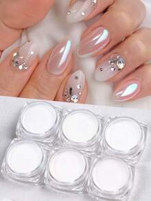 6 Colores Polvo de Uñas Blanco con Efecto Espejo Metálico, Polvo de Uñas Blanco Mágico Aurora Lunar para Arte de Uñas, Esmalte de Gel, Polvo de Hadas Iridiscente para Manicura - Multicolor - Ver 1