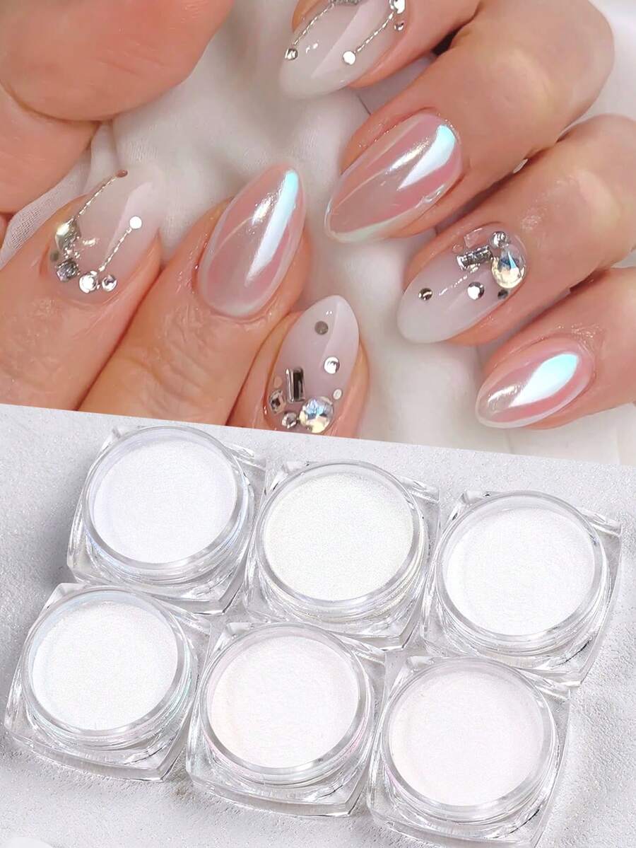 6 Colores Polvo de Uñas Blanco con Efecto Espejo Metálico, Polvo de Uñas Blanco Mágico Aurora Lunar para Arte de Uñas, Esmalte de Gel, Polvo de Hadas Iridiscente para Manicura - Multicolor - Ver 1