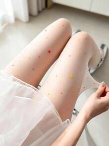 1雙女款彩色愛心印花透明褲襪，柔軟膚色日系甜美風緊身褲，精緻優雅修身絲襪，適合日常穿著 - 杏色 - 查看 9