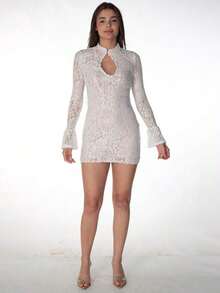 Spring Party Dress: Fitted Mini, Flared Sleeves And Hollow Lace Details – Elegant Look - 白色的 - 查看 8