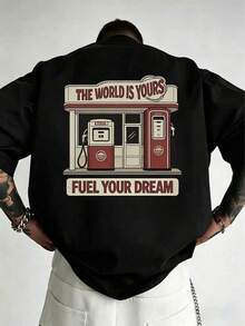 Camisa de manga corta con ilustración de estación de servicio retro y texto WORLD IS YOURS, estilo urbano juvenil GJW7 - Negro - Ver 1