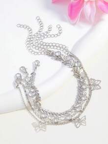 4pcs Fashionable Minimalist Elegant Butterfly Multi-Layer Anklets For Women, Summer - Silver - View 3