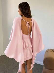 Vestido mini sin mangas de color albaricoque para mujer, chal desmontable, vestido romántico retro sexy y lindo para citas - Rosa Pálido - Ver 8