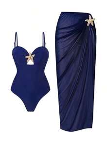 Swim Oasis Set de 2 piezas de vestido largo y traje de baño de una sola pieza con tirantes finos, decoración de estrella de mar y corte alto, unicolor para mujer en verano - Marrón - Ver 9