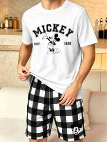 Disney 男士米奇印花睡衣套装，黑白格子短裤，春夏两件套家居服 - 黑與白 - 查看 3