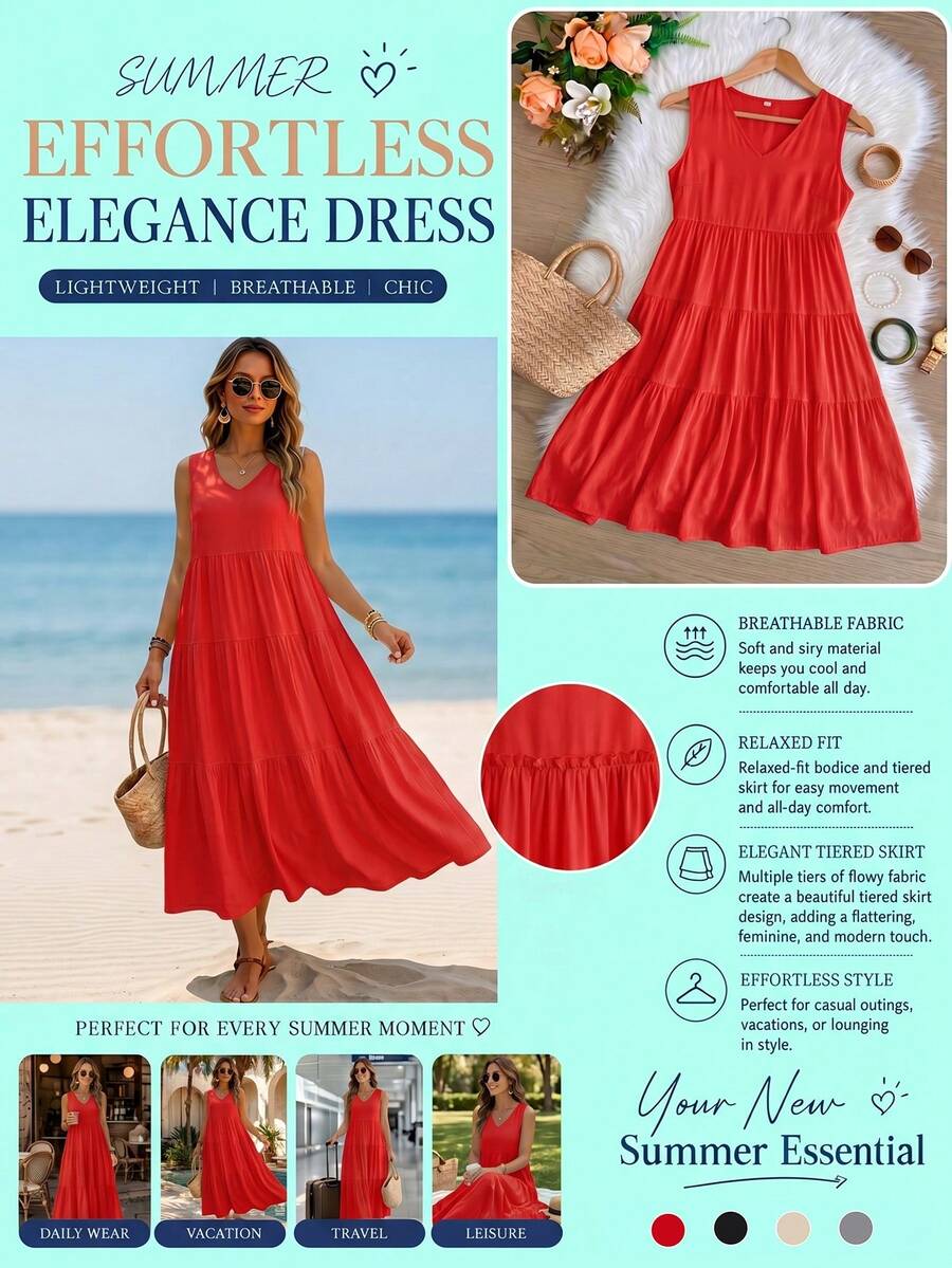 White Eyelet Embroidery Sleeveless Dress, V Neck Backless Lace Trim Casual Summer Dress For Women Casual Boho Eyelet Embroidery Vacation Beach - 紅色 - 查看 1