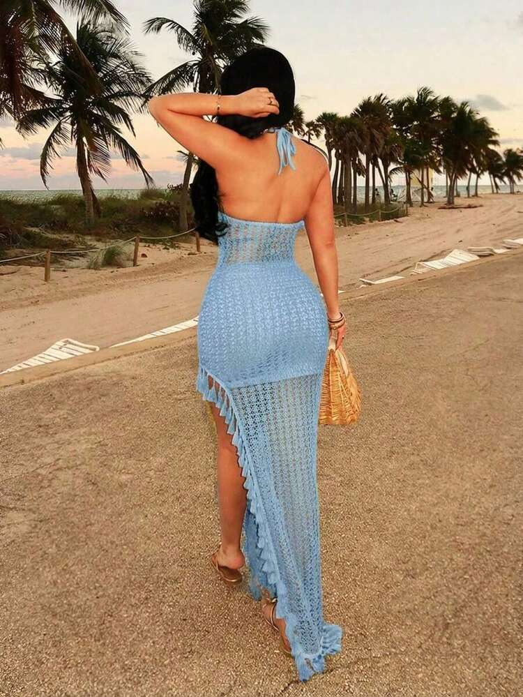 xheSHEIN  Vestido con patrón ondulado de ganchillo colorido y estilo bohemio sexy, con abertura alta, escote halter y espalda descubierta con flecos. Adecuado para salidas casuales, citas, cumpleaños, fiestas, discotecas, resorts isleños y vacacionesxhe - Azul - Añade 6