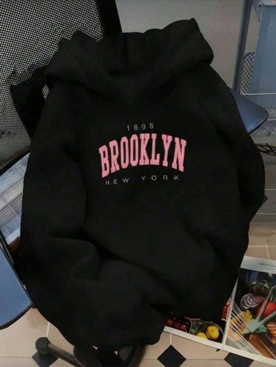 Men's Crew Neck Hoodie With Brooklyn Heart Print, Kangaroo Pocket And Drawstring, Long Sleeve, Loose And Casual, Ideal Gift For Autumn And Winter As Men's Clothing - 黑色 - 查看 1