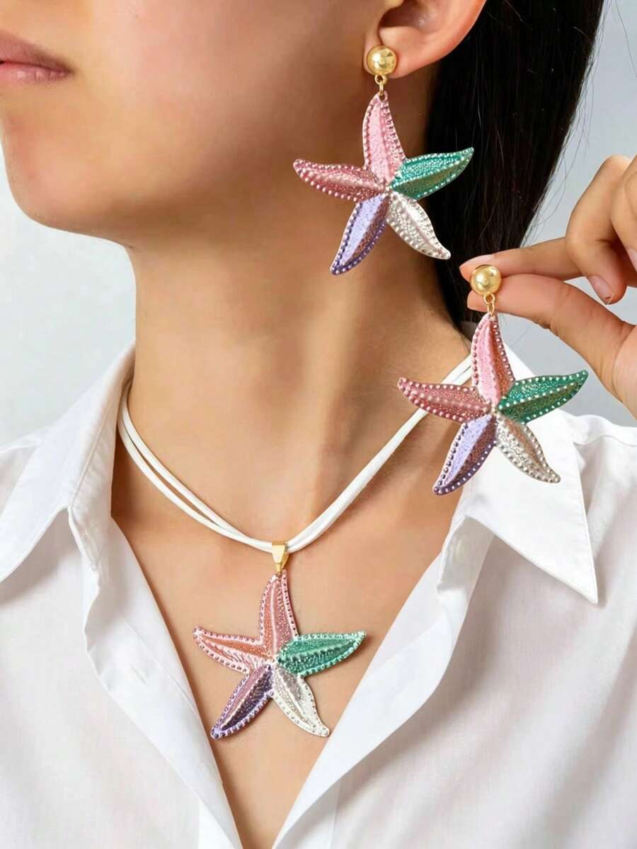 3pcs/Set Ombre Starfish Pendant Necklace & Earrings Set, Holiday Gift For Friends & Girlfriends, Beach Resort Jewelry - Style 9 - View 1