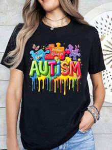 Women's Fashionable 2026 Casual T-Shirt, Spring And Summer, New, With Colorful Puzzle Piece Design For Autism Awareness, Supporting And Promoting Autism, With A Vibrant Dripping Rainbow Design And Inspirational Words. Always Unique, Smart, Sometimes Happy, Celebrating Neurodiversity And Inclusion. Perfect For Autism Awareness Month Events And Everyday Wear. Graphic T-Shirt, Women's Graphic Tees, Summer T-Shirt, Casual T-Shirt, Women's Vacation Wear, Youthful And Fashionable Design. - 黑色 - 查看 1