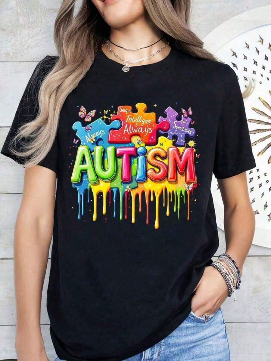 Women's Fashionable 2026 Casual T-Shirt, Spring And Summer, New, With Colorful Puzzle Piece Design For Autism Awareness, Supporting And Promoting Autism, With A Vibrant Dripping Rainbow Design And Inspirational Words. Always Unique, Smart, Sometimes Happy, Celebrating Neurodiversity And Inclusion. Perfect For Autism Awareness Month Events And Everyday Wear. Graphic T-Shirt, Women's Graphic Tees, Summer T-Shirt, Casual T-Shirt, Women's Vacation Wear, Youthful And Fashionable Design. - 黑色 - 查看 1