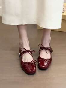 French Haute Couture Bow, Chunky Heel And Square Toe Shoe, New Marijen With Skirt And Red Shoes For Women, Women's Ballerinas - 酒紅色 - 查看 5