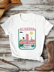 Camiseta informal de verano para mujer con estampado gráfico, cuello redondo, corte holgado, estilo hip hop urbano, cómoda, estampado gráfico único. - Blanco - Ver 2