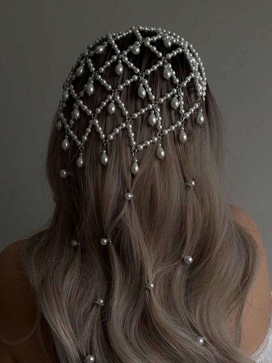 1 buah Rantai Rambut Jala Mutiara dengan Liontin Tetesan Air, Aksesori Rambut Pengantin Wanita untuk Pernikahan - Perak - View 1