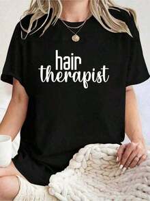 Fashionable 1-Piece Summer T-Shirt For Hairdressers, Stylists, And Beauticians, Short-Sleeved, Round Neck, Casual Style For Summer And Spring, Women's Clothing, 100% Cotton. Women's Simple Solid Color T-Shirt, Loose And Slim Fit Casual Short Sleeve - 黑色 - 查看 8