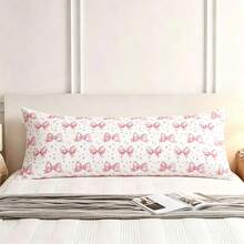 1pc Fresh White Background Pink Bow & Heart Print Long Pillowcase (1 Pillowcase, No Pillow Insert) Couple Double Long Pillowcase, Bedroom Bedding Accessory - White Pink - View 2