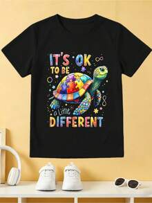 Kids' Round Neck T-Shirt, Short Sleeve, Soft And Breathable Fabric, Casual Daily Wear, Puzzle Turtle Graphic T-Shirt For Autism Awareness, T-Shirts With Positive Messages For Children. - 黑色 - 查看 11