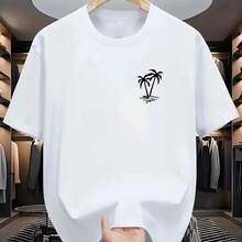 Maglietta casual estiva da uomo in 100% cotone, con stampa di palme, vestibilità ampia, stile sportivo - Bianco - Visualizzare 6