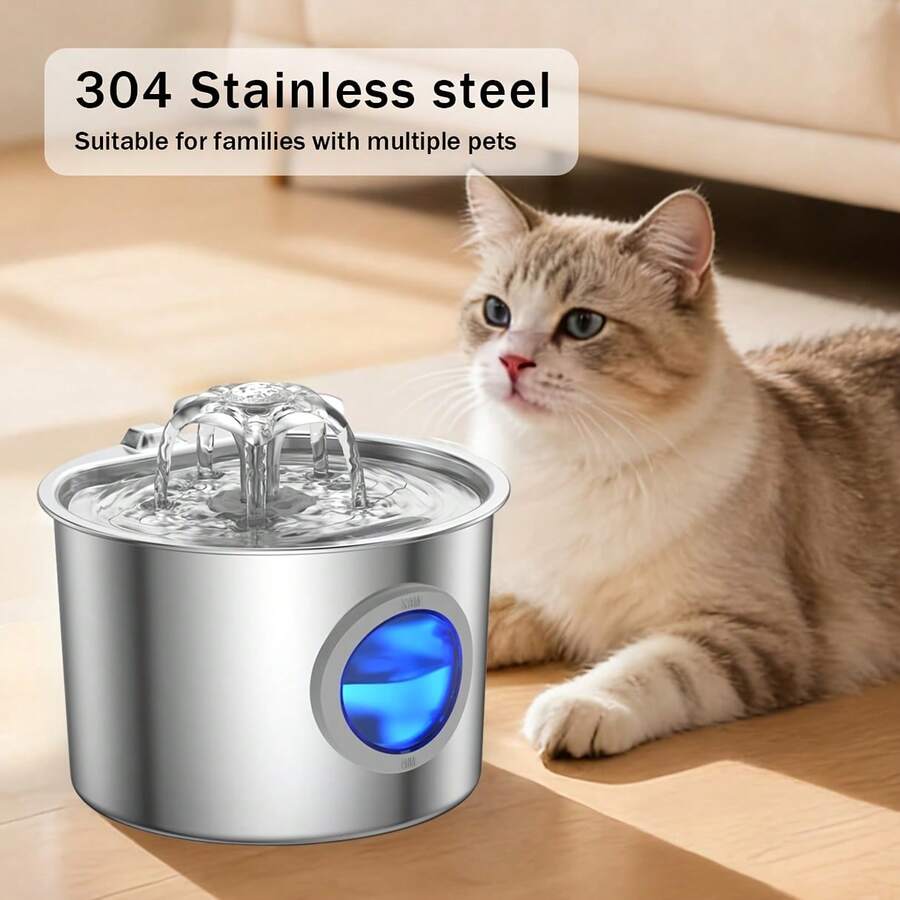 Stainless Steel Cat Water Fountain/Water Dispenser Replacement Filter Cartridge Available Separately, 2.2L/74.4oz, Equipped With Quiet USB Water Pump, Large Window Design, Flower-Shaped Outlet Attracts Cats, 304 Stainless Steel Material, Anti-Black Chin Design, Effectively Filters Floating Hair And Food Residue, Easy To Clean And Maintain.