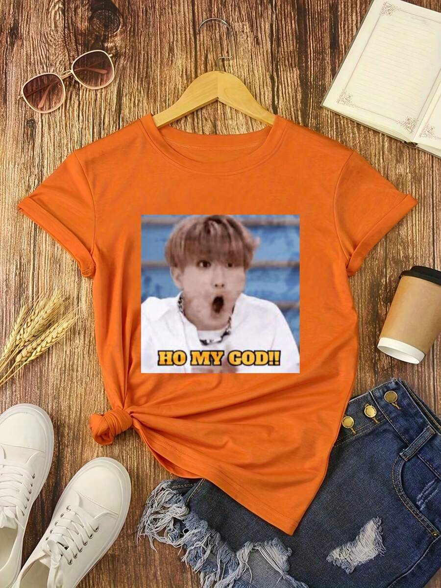 Oh My God Face Digital Print Short Sleeve Unisex Pure Cotton Loose And Comfortable - Orange - View 1