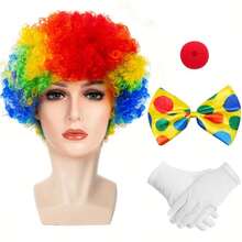 Juego de 5 piezas de disfraz de payaso, peluca de payaso arcoíris, nariz de bola, guantes blancos, accesorios para fiestas, adecuado para adultos, se puede usar para decoración de carnaval y juego de rol, regalo de cumpleaños/Año Nuevo/Navidad y atuendo de celebración - Multicolor - Ver 5
