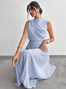 Vestido de línea A con cuello swing, sin mangas y con volantes/Falda paraguas/Ropa de vuelta al colegio/Ropa escolar/Fiesta/Estilo de mujer de dinero antiguo/Atuendos para salir/Atuendo de fiesta para mujer/Atuendos de oficina para mujer/Falda color albaricoque imitación - Celeste - Ver 1