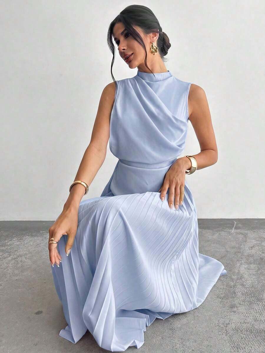 Vestido de línea A con cuello swing, sin mangas y con volantes/Falda paraguas/Ropa de vuelta al colegio/Ropa escolar/Fiesta/Estilo de mujer de dinero antiguo/Atuendos para salir/Atuendo de fiesta para mujer/Atuendos de oficina para mujer/Falda color albaricoque imitación - Celeste - Ver 1