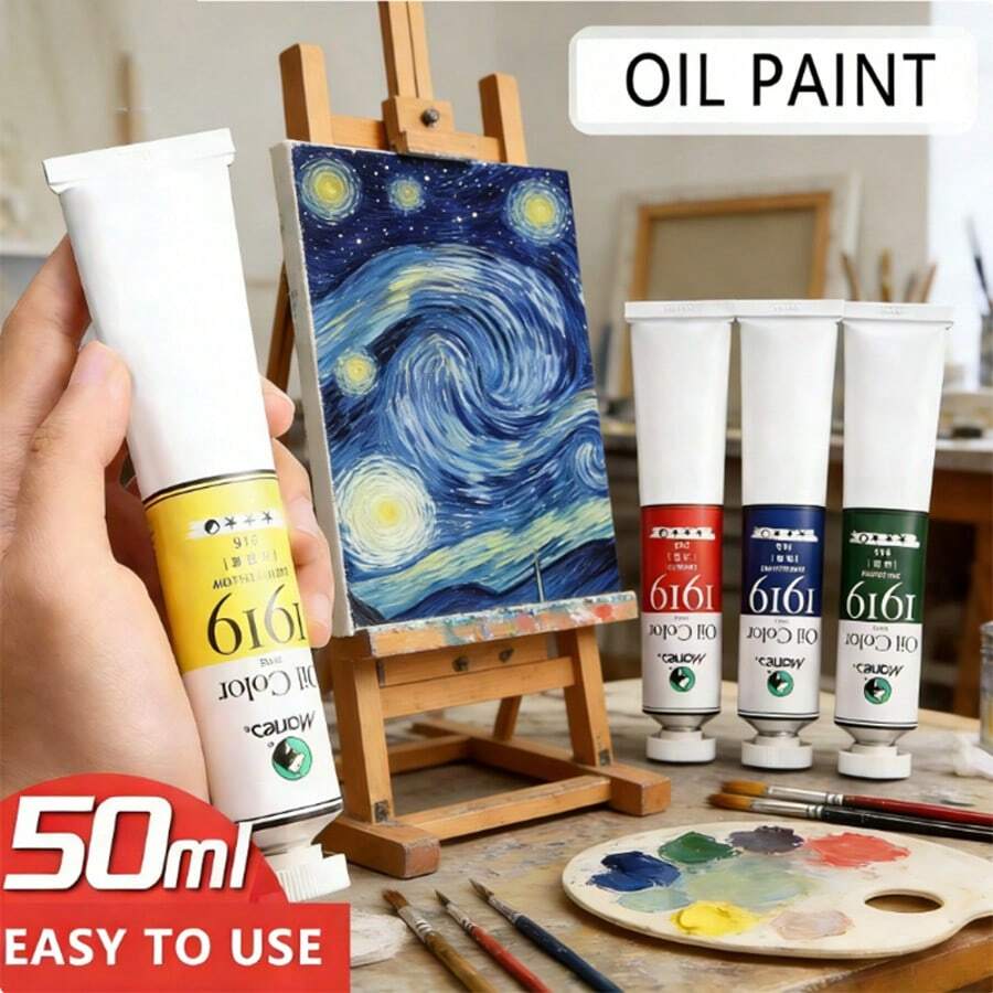 Pintura al óleo profesional de Marie, 50ml por tubo, 5 tubos por caja. Cada uno empaquetado individualmente, compacto y conveniente de usar. Textura cremosa con colores vibrantes y finos. Para uso artístico profesional