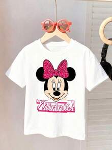 Disney White Background Minnie Mouse Bright Pink Polka Dot Bow Bold Letter Print Kids' Short Sleeve T-Shirt - Sweet And Vibrant Casual Top - White - View 3