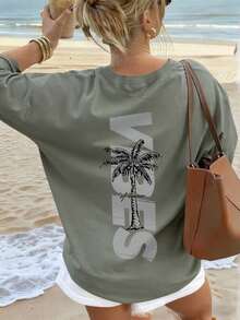 Women's Minimalist Coconut Tree Slogan Print Casual Round Neck Short Sleeve T-Shirt, Simple & Versatile, Suitable For Daily & Holiday Wear. Graphic Tee, Women, White, Black, Pink Summer Vacationsummer Outfits For Women 0SJU - 草綠色 - 查看 5