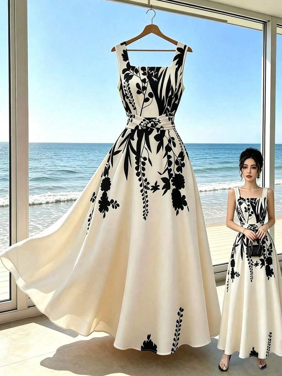 Vestido sin mangas con estampado botánico elegante para mujer, de verano - Negro - Ver 1