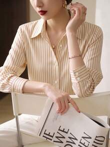 YUXIN Spring/Autumn New Loose Fashion Blue Striped Elegant Long Sleeve Shirt, Stylish Design For Work/Commute, Slimming & Versatile Blouse - Apricot - View 4