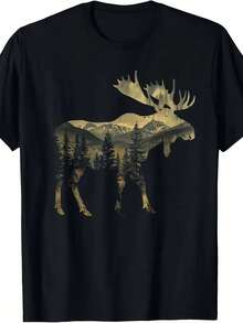 Camiseta Vintage Hombre del Parque Nacional - Una Suave y Transpirable Camiseta Negra de Cuello Redondo con Diseño de Alce y Paisaje Montañoso - Un Cómodo Top Casual de Manga Corta  Exteriores, Perfecto  Senderismo, Caza - Negro - Ver 1