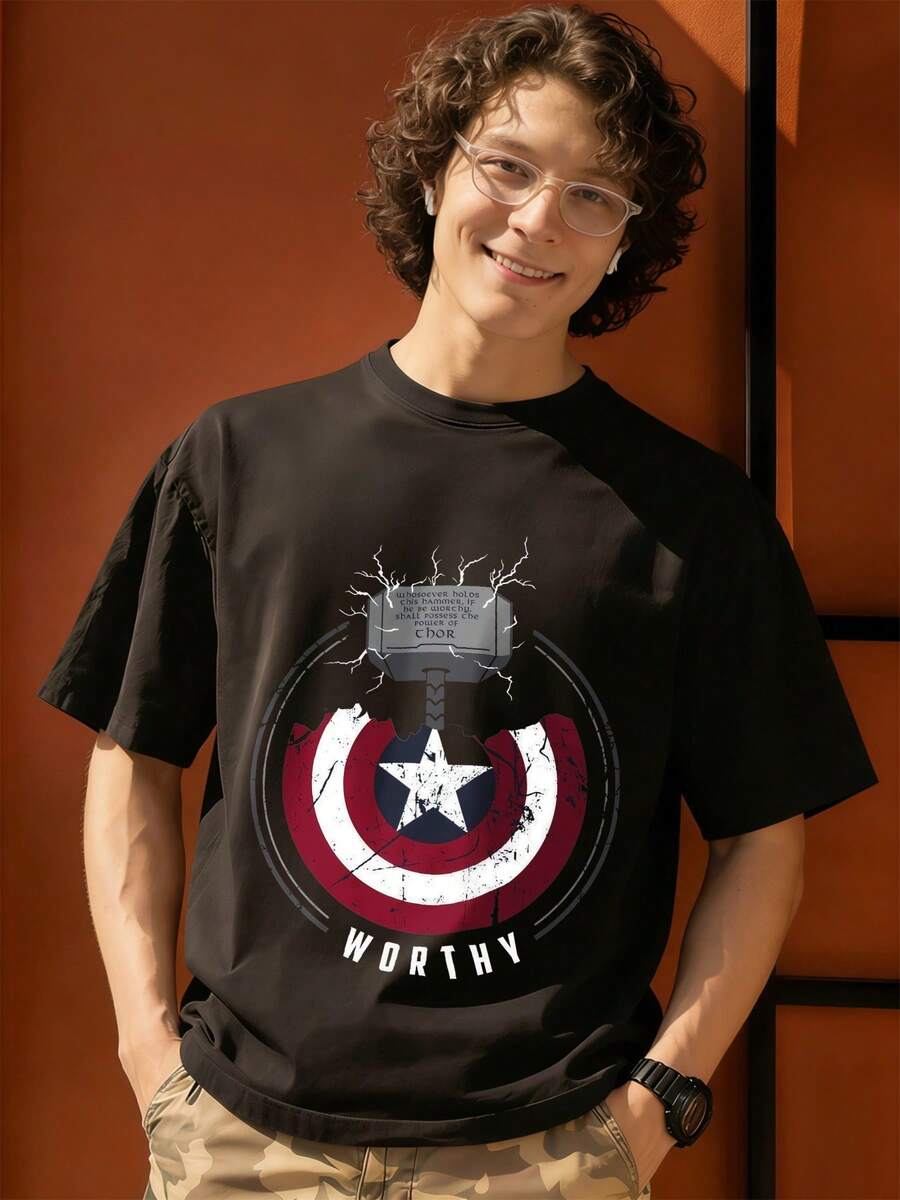 Thor Hammer Shield Worthy Graphic T Shirt 100 Percent Cotton T Shirts For Men MARVEL Marvel Universe Superhero Summer Holiday Outfits Men Clothes Mens Tops Streetwear Mens Gift Ideas Innerwear Or Outfits,Mens Fashion - màu đen - Xem 1
