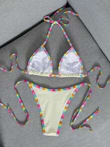 Conjunto de bikini de unicolor con contraste nuevo para mujer en verano, traje de baño con escote halter y espalda descubierta, tela de alta elasticidad, para fiesta/festival de música, atue - Rosa 2 - Ver 4