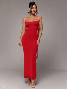 xheSilquee Vestido elegante y sexy de color rojo liso con espalda descubierta, ruedo de sirena y cuello de halter, adecuado para cóctel, cita romántica, vestido de malla de punto, fiesta, boda, Halloween, Navidadxhe - Rojo - Ver 2