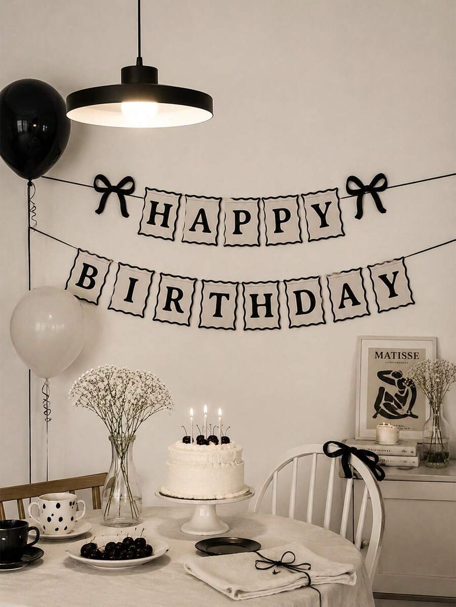 1件裝黑色蝴蝶結生日快樂橫幅花環,附迷你緞帶蝴蝶結,適合女孩黑色蝴蝶結生日派對裝飾、嬰兒洗禮、蝴蝶結主題派對裝飾用品,美學風格 - 彩色 - 查看 1