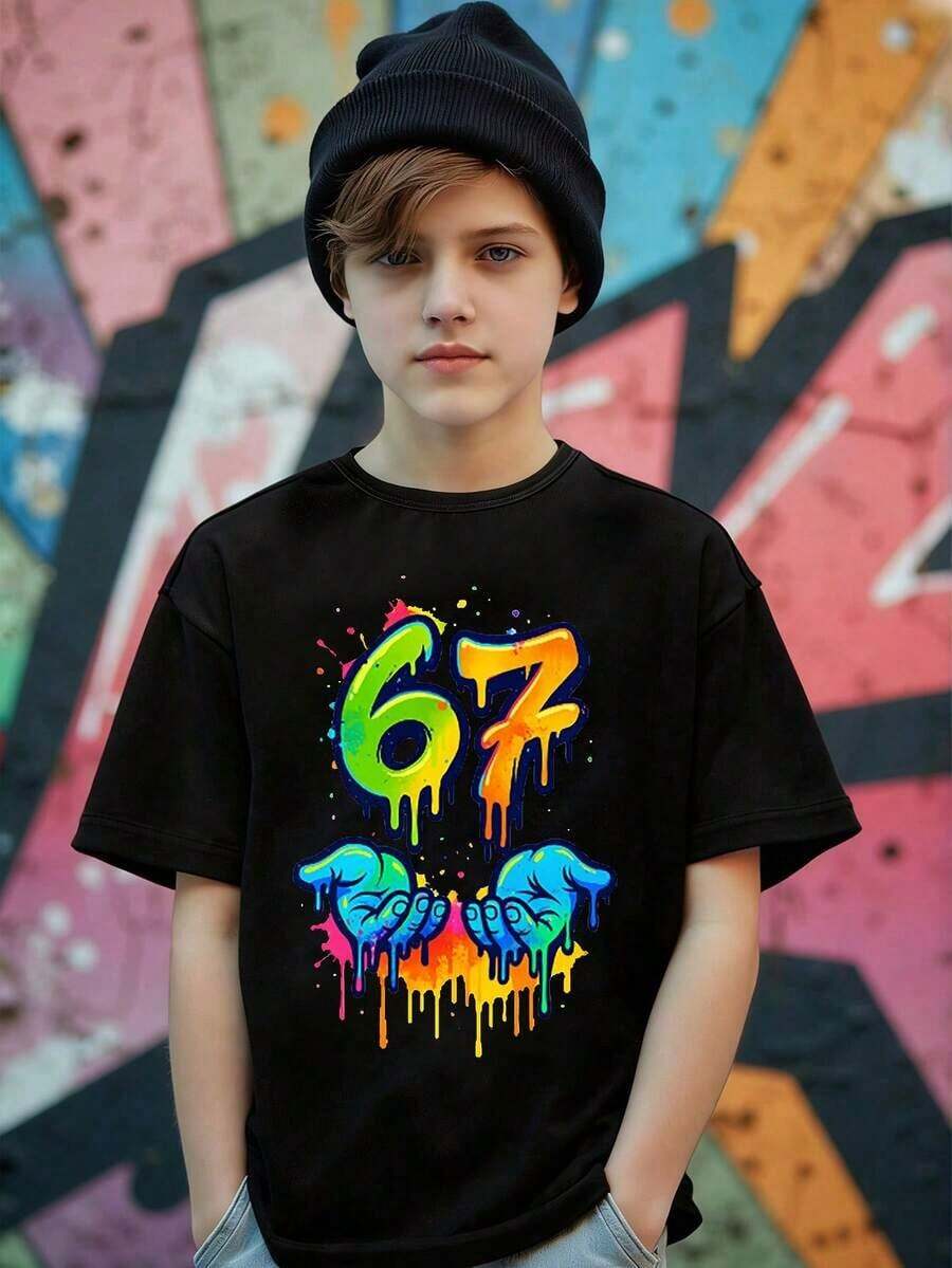 GraphicGems Boys' Basic Short Sleeve T-Shirt, Casual, Elegant, Creative, Personalized, Refreshing, Chic, Minimalist, Cool Style, With Digit 67 Football Graphic Print, Comfortable Clothing For Daily Wear, Cozy Summer And Autumn Styles, Suitable For 7 Year Olds, Graphic Clothing For Boys, Hip Hop Clothing For Boys. - 黃色 - 查看 1