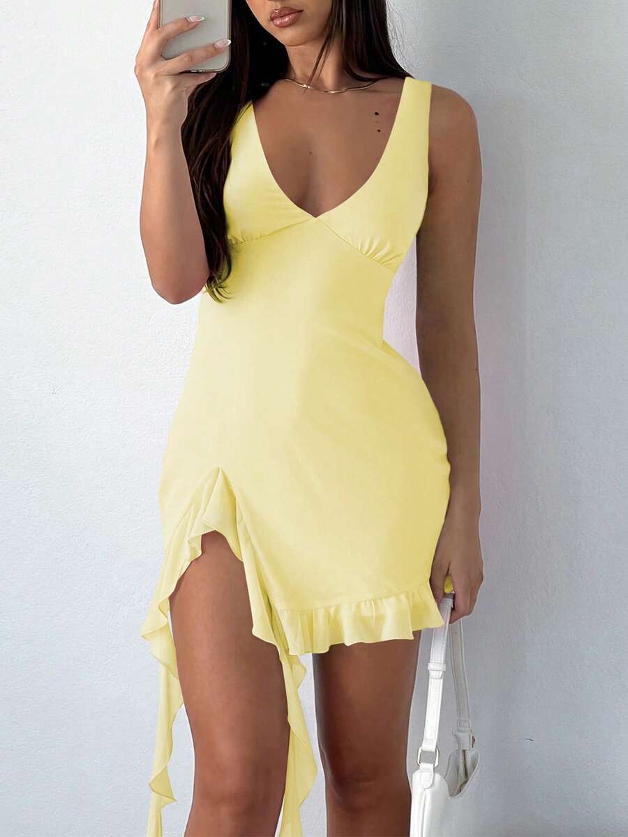 Đầm ngắn hở lưng bất đối xứng cổ chữ V gợi cảm kiểu Âu và Mỹ dành cho nữ, đầm dự tiệc đa năng thanh lịch cho mùa hè. - màu vàng# - Xem 1