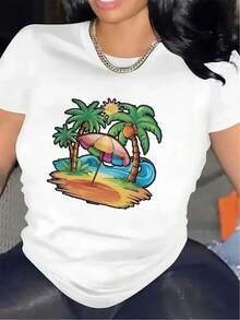 Women's Short-Sleeved T-Shirt, Made Of Polyester Fabric, Lightweight And Durable, With A Tropical Beach Design Featuring Palm Trees And Umbrellas, Suitable For Summer Outings, Casual Daily Wear, Vacations Or Relaxing By The Pool, Comfortable To Wear And Suitable For Everyday Use. - 白色 - 查看 1