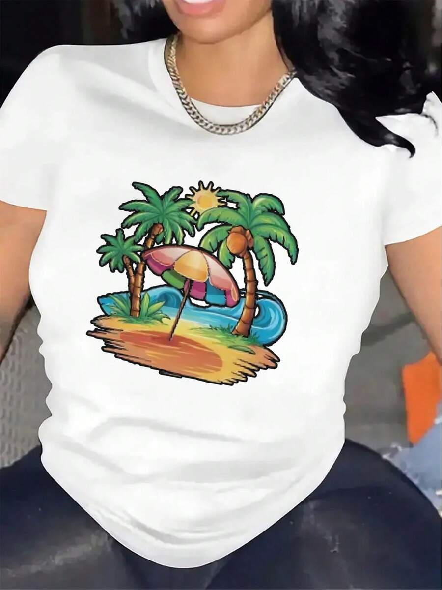 Women's Short-Sleeved T-Shirt, Made Of Polyester Fabric, Lightweight And Durable, With A Tropical Beach Design Featuring Palm Trees And Umbrellas, Suitable For Summer Outings, Casual Daily Wear, Vacations Or Relaxing By The Pool, Comfortable To Wear And Suitable For Everyday Use. - 白色 - 查看 1
