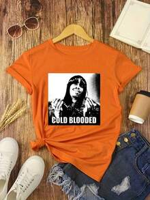 Cold Portrait Print Digital Print Short Sleeve Unisex Pure Cotton Loose And Comfortable - 橘色 - 查看 7