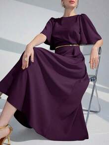 Vestido largo de noche con cuello redondo, volantes y mangas cortas de unicolor para mujer - Morado - Ver 8