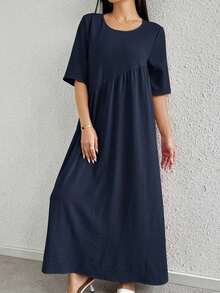 Vestido casual de fiesta con cuello redondo y plisado de unicolor, adecuado para el verano - Azul marino - Ver 1