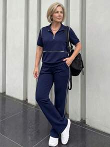Conjunto de top de manga corta y pantalones con ribete de contraste para mujeres de edad media y mayores - Azul - Ver 3