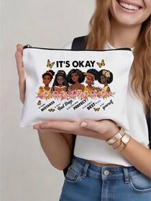 1 pieza Conjunto de bolsa con cita inspiradora blanca, bolso de mano + bolsa con "ESTÁ BIEN cometer errores, sé tú mismo" y 5 diseños de mujeres, bolsa de maquillaje con estampado floral para viajes, gimnasio, motivación diaria, conjunto de regalo inspirador para mujeres - multicolor - Ver 1